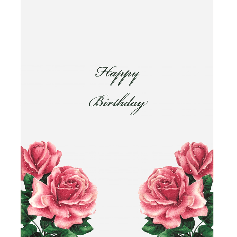 Birthday Card with big, beautiful, pink roses, hand glittered, made in USA