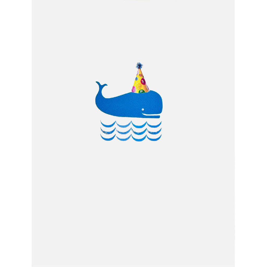 Blue whale with a party hat on a white background