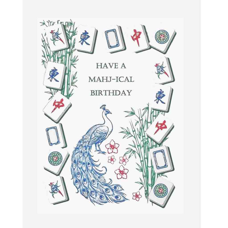 Birthday card with mahjong tiles, peacock, and bamboo design on a white background.
