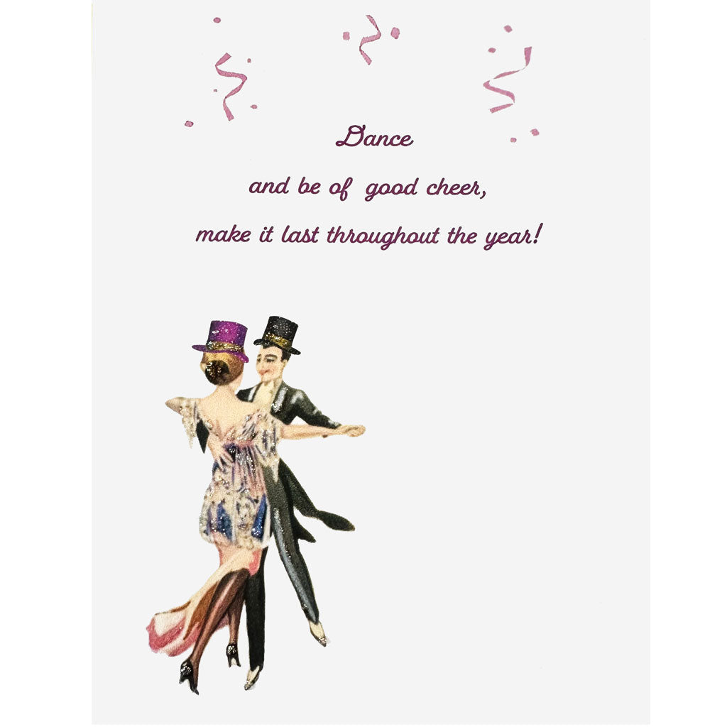 Vintage-style card with dancing couple and festive text on a white background