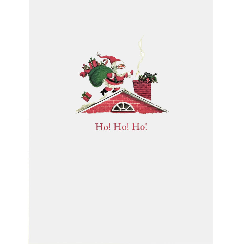 Illustration of Santa Claus on a roof with 'Ho! Ho! Ho!' text on a white background