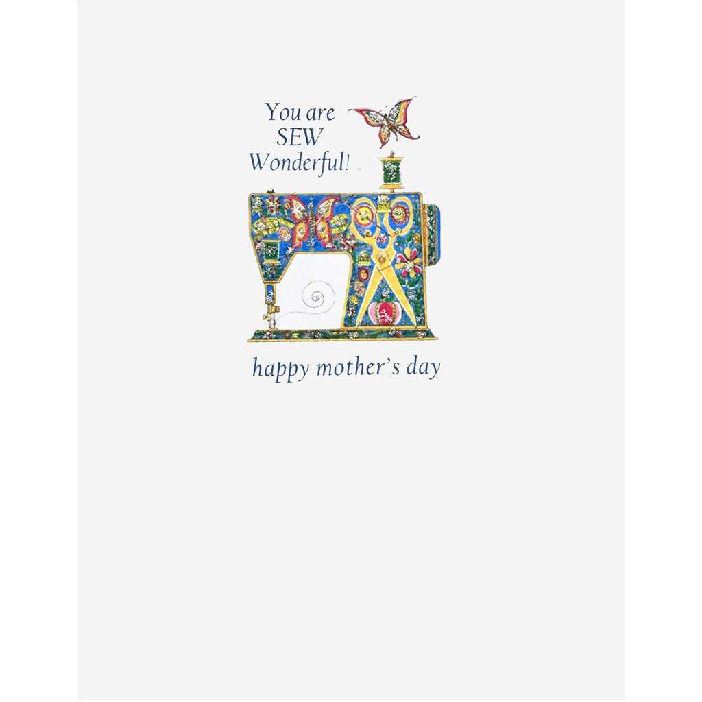 Colorful illustration of a sewing machine with text on a white background