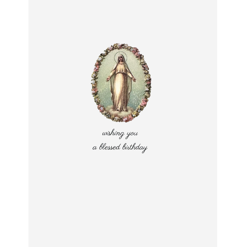 Vintage-style card with a religious icon and 'wishing you a blessed birthday' text on a white background.