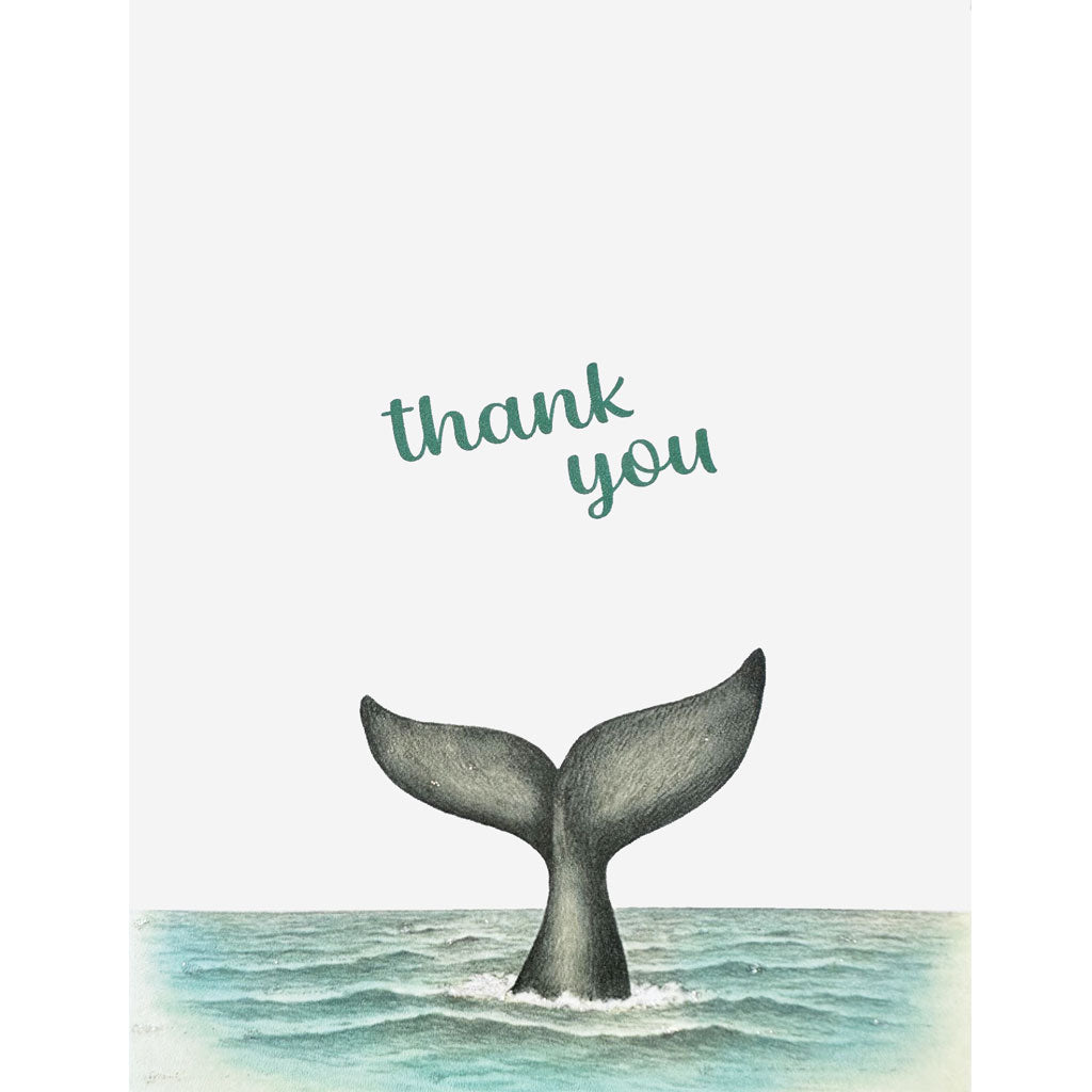 Whale tail emerging from water with 'thank you' text on a light background