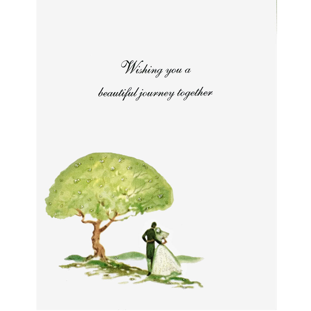Illustration of a couple under a large tree with 'Wishing you a beautiful journey together' text.