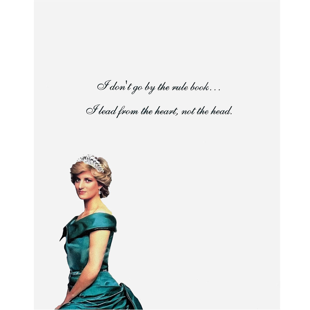 Woman in a teal dress with a tiara, quote above on a white background