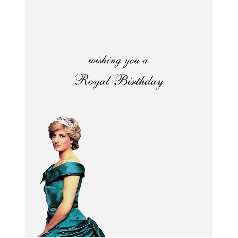 Woman in a teal dress with a tiara, text 'Wishing you a Royal Birthday' on a white background
