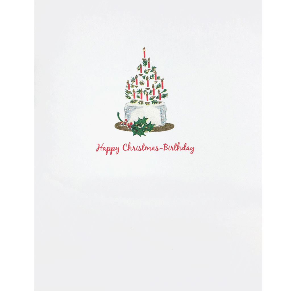 Christmas-Birthday Card with tree and candles cake. Hand embellished with fine glitter. Lumia Designs.