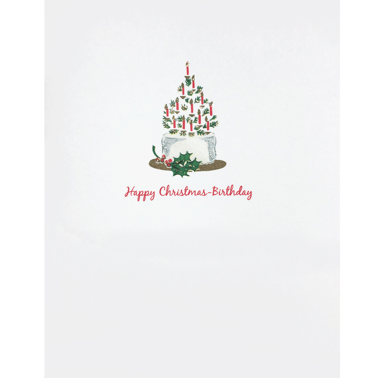 Christmas-Birthday Card with tree and candles cake. Hand embellished with fine glitter. Lumia Designs.