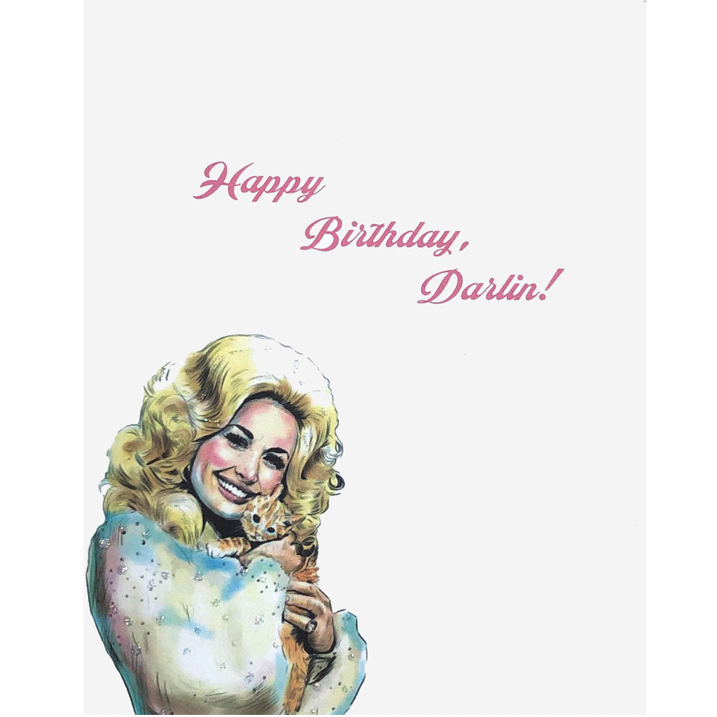 Dolly Parton with kitten, hand glittered birthday card. Happy Birthday, Darlin!