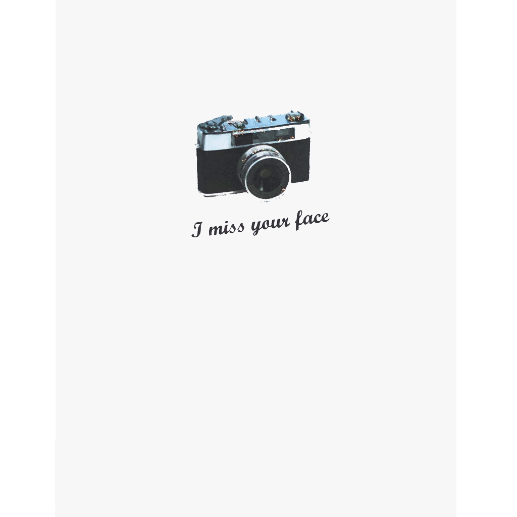 Greeting Card with vintage style camera, I Miss Your Face, hand glittered. Made in USA -Lumia Designs