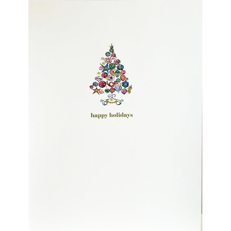Holiday Card with Retro Christmas Tree, hand embellished with fine glitter, made in USA. Lumia Designs
