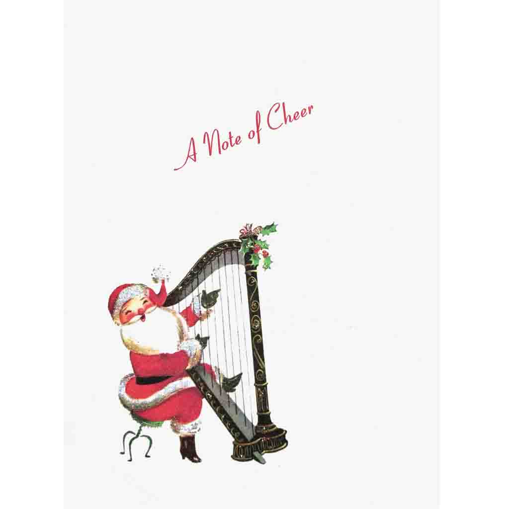 Cute Santa playing harp, card with the greeting, A Note of Cheer - hand glittered, made in USA - Lumia Designs