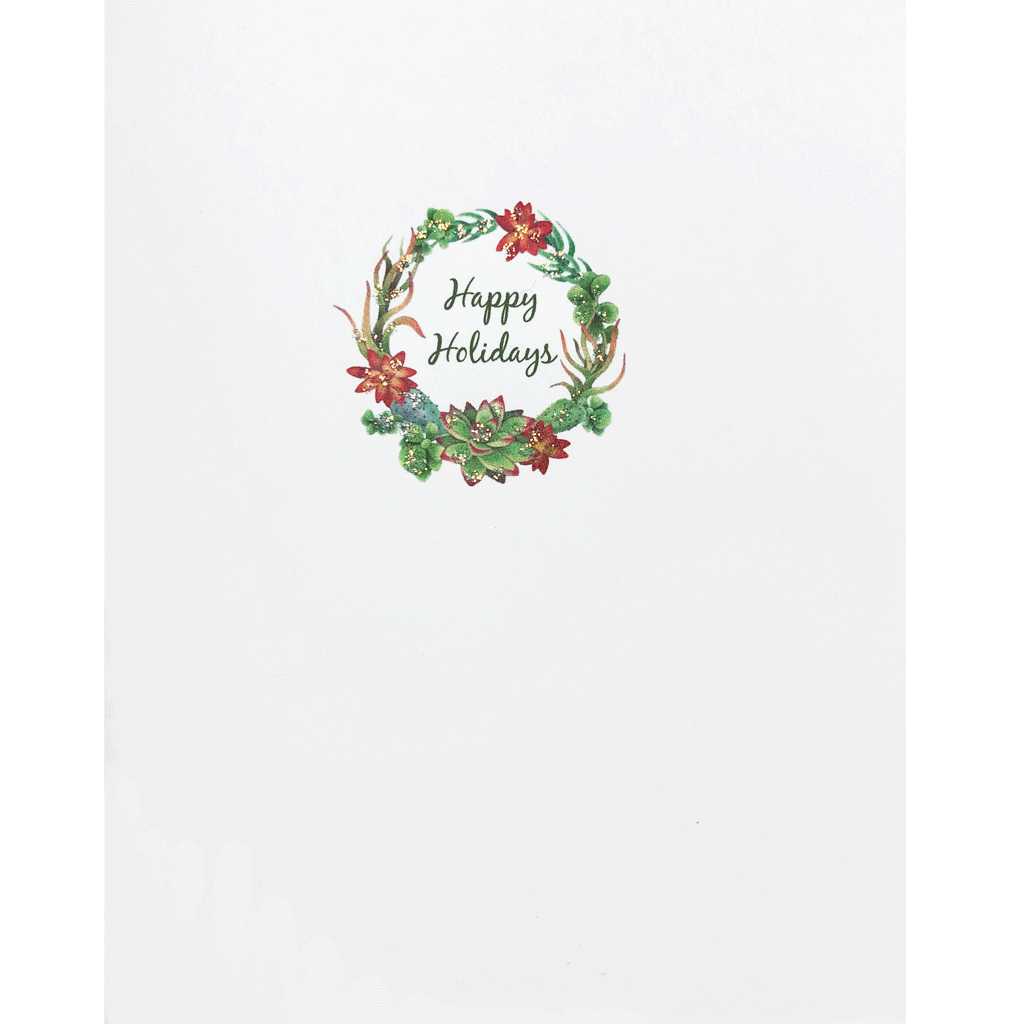Holiday Card with a wreath made of succulents, hand glittered, made in USA - Lumia Designs