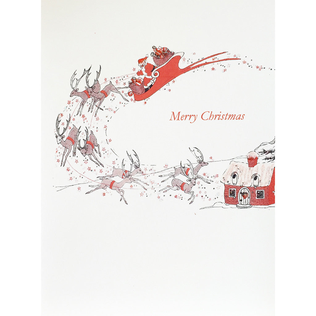 Christmas Card with vintage style Santa on Sleigh with reindeer riding through the sky, hand glittered, made in USA- Lumia Designs
