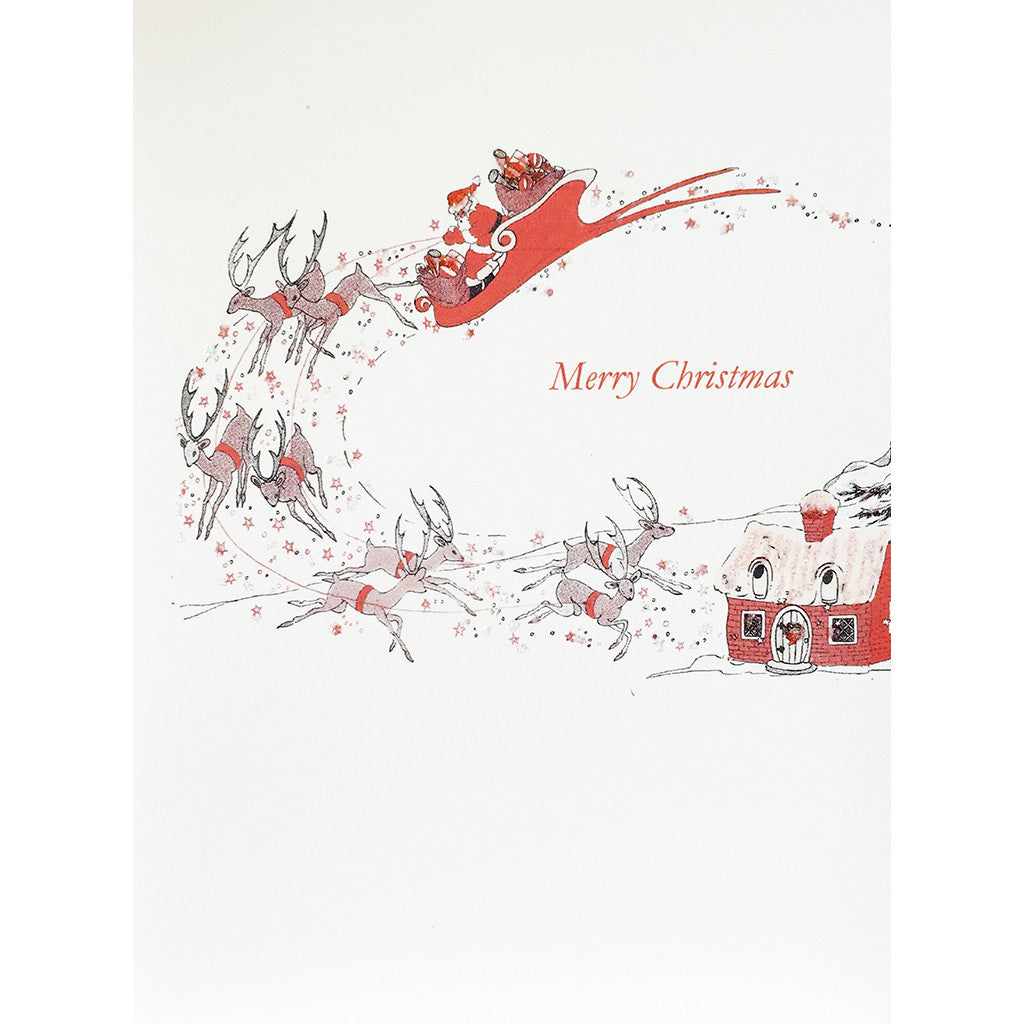 Christmas Card with vintage style Santa on Sleigh with reindeer riding through the sky, hand glittered, made in USA- Lumia Designs