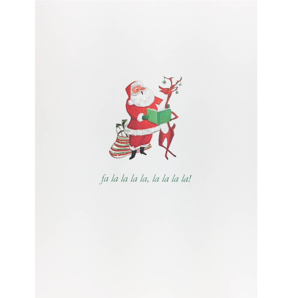 Holiday Card with Retro Santa and Reindeer singing from songbook. Hand glittered, made in USA.