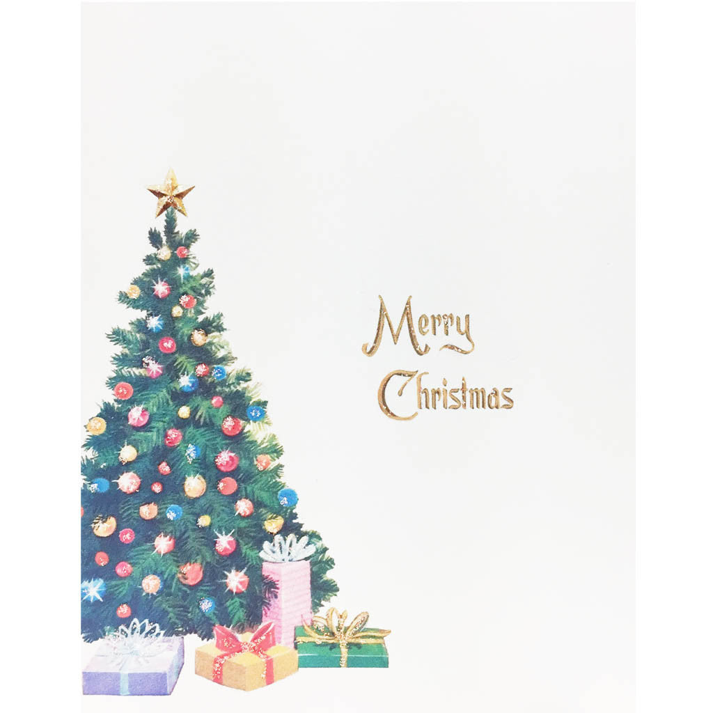 Christmas Tree with colorful presents card, greeted Merry Christmas, hand glittered,made in USA - Lumia Designs