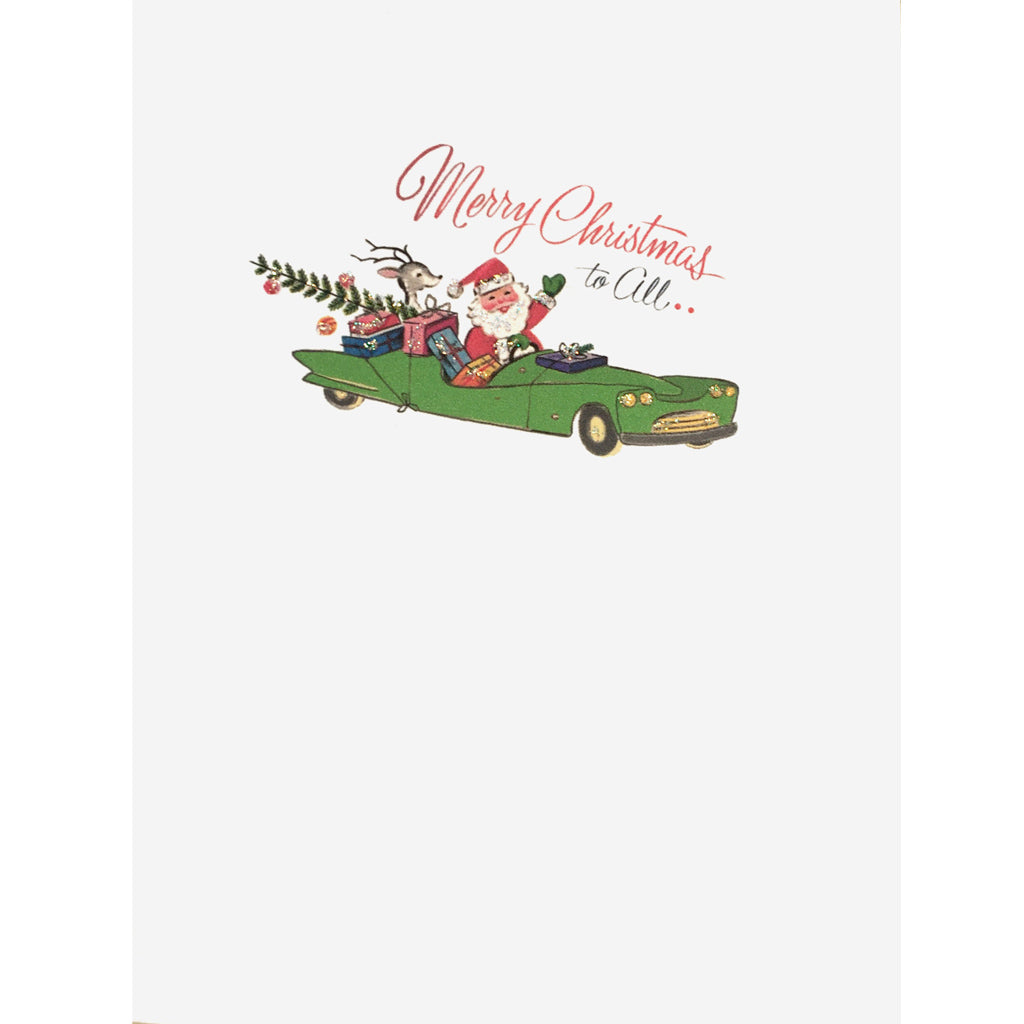 50's Style Santa riding in convertible car with deer and colorful gifts. Hand glittered, made in USA 