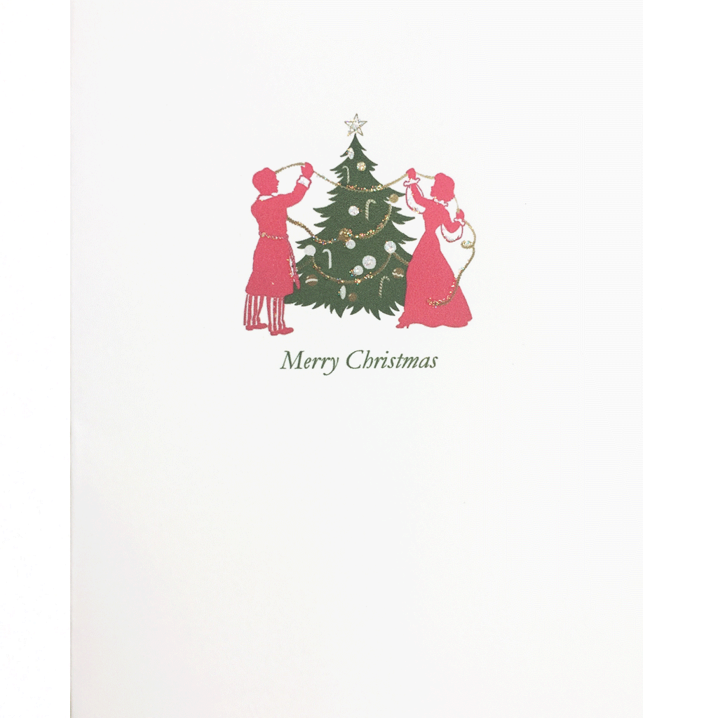 Christmas Card with Vintage Couple in Pajamas decorating tree. Hand glittered, made in USA - Lumia Designs