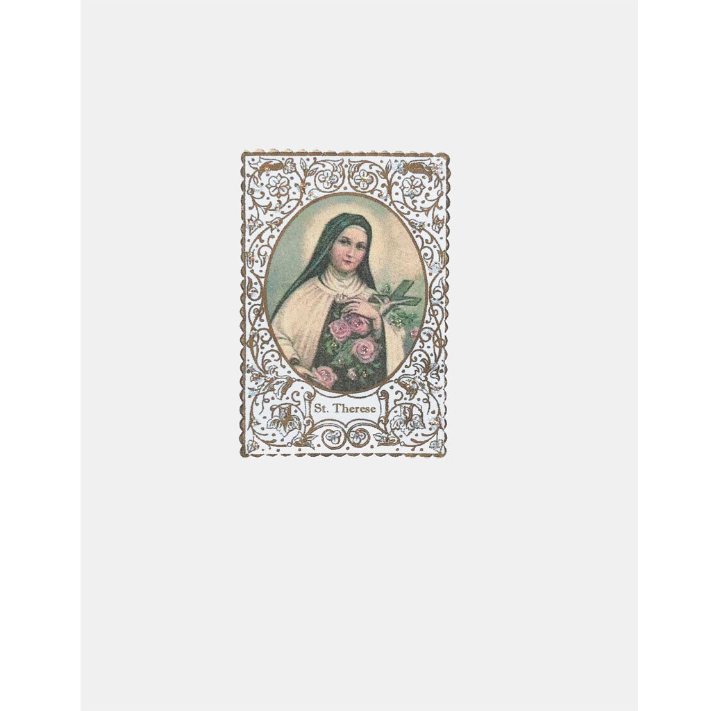 Saint Therese Card with Prayer embellished with fine glitter. Lumia Designs