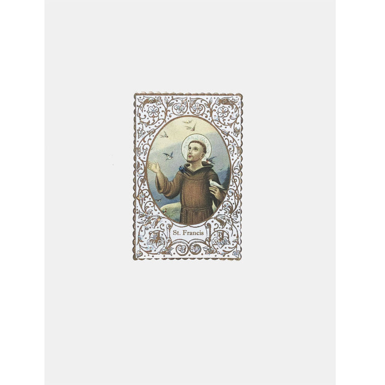 Saint Francis Card with Prayer embellished with fine glitter. Lumia Designs