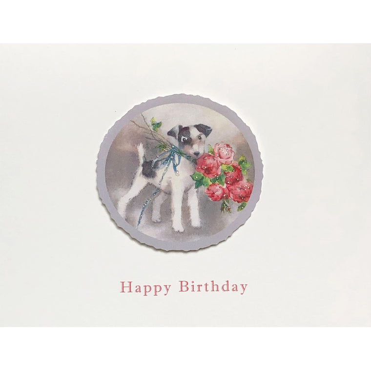 Doggie with Bouquet Birthday Card
