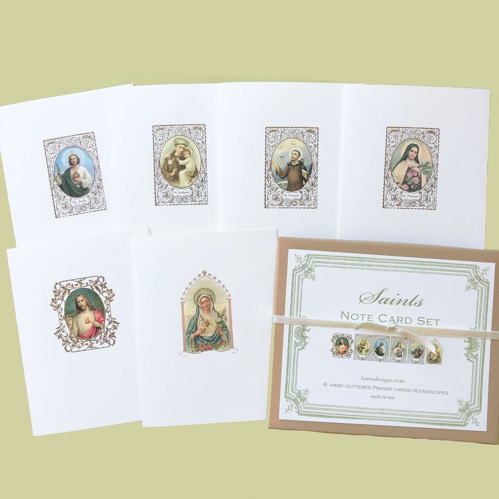 Saints Note Card Box Set - with prayers. Hand glittered - Lumia Designs. Made in USA